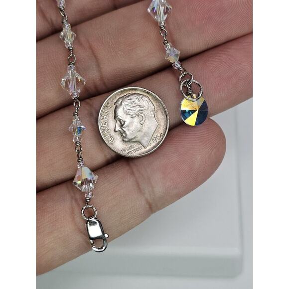 925 Sterling Silver & Iridescent Glass Bead Bracelet SZ 7.5 - Picture 5 of 5